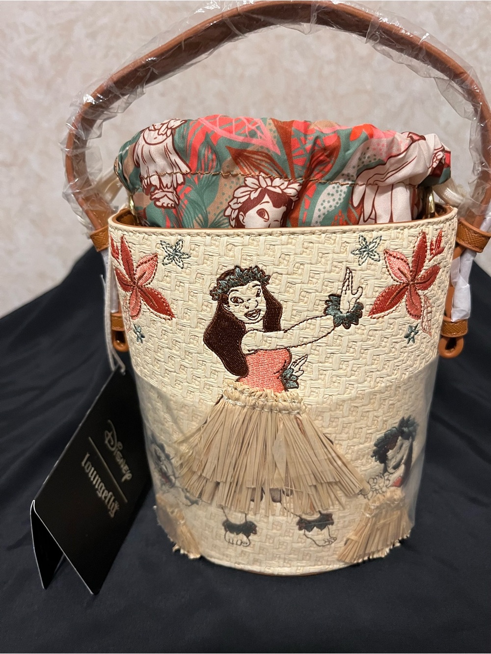 Loungefly Cream Floral Bucket Bag with Coral and Teal Drawstring - Picture 4 of 6